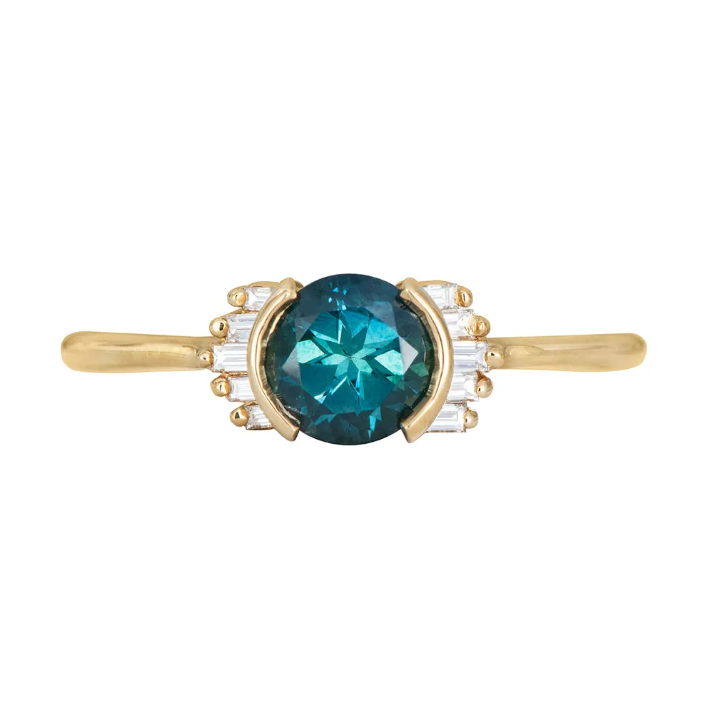 Teal Sapphire Ring with Baguette Diamond Wings - Limited Edition