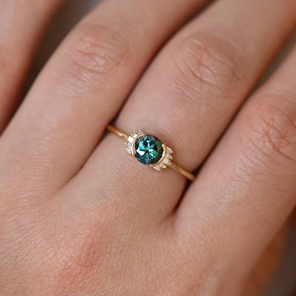 Teal Sapphire Ring with Baguette Diamond Wings - Limited Edition