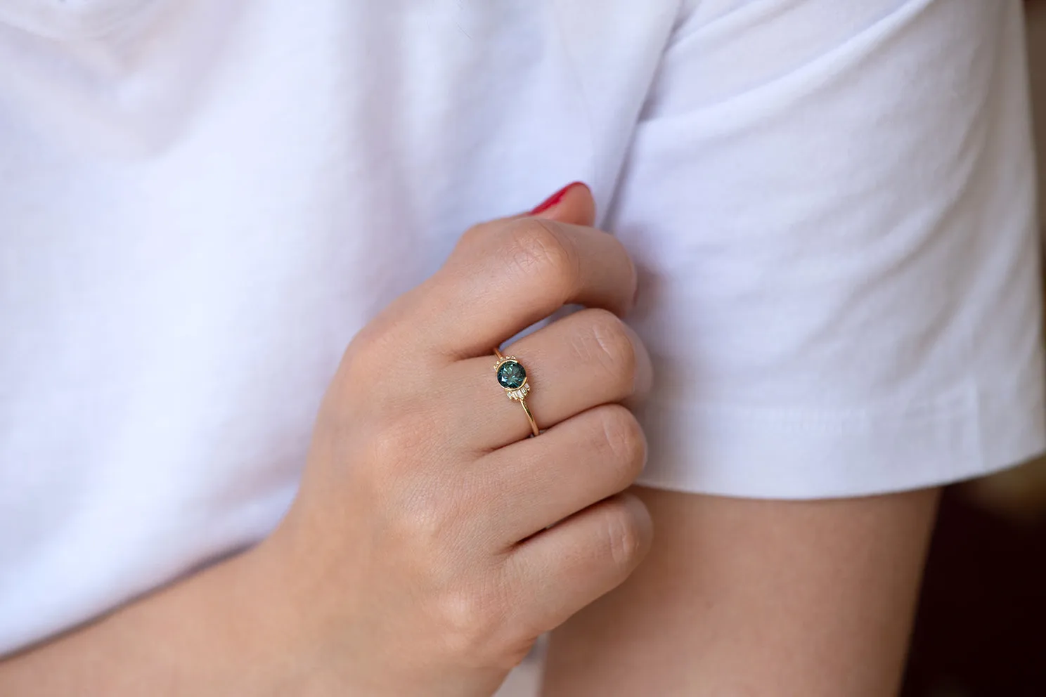 Teal Sapphire Ring with Baguette Diamond Wings - Limited Edition