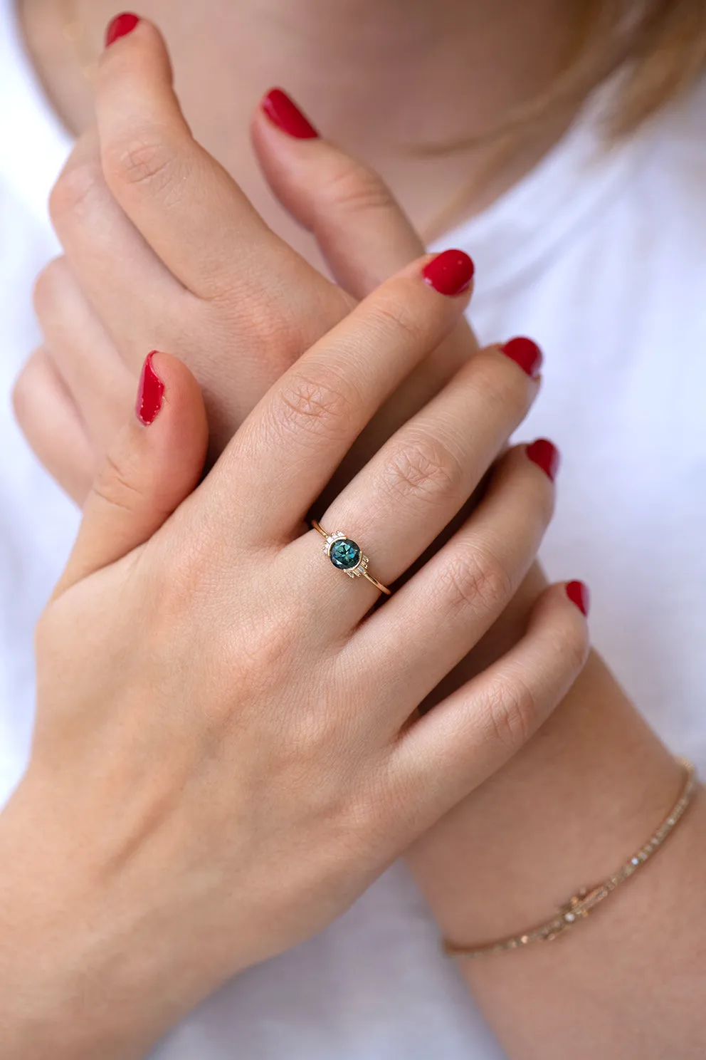 Teal Sapphire Ring with Baguette Diamond Wings - Limited Edition