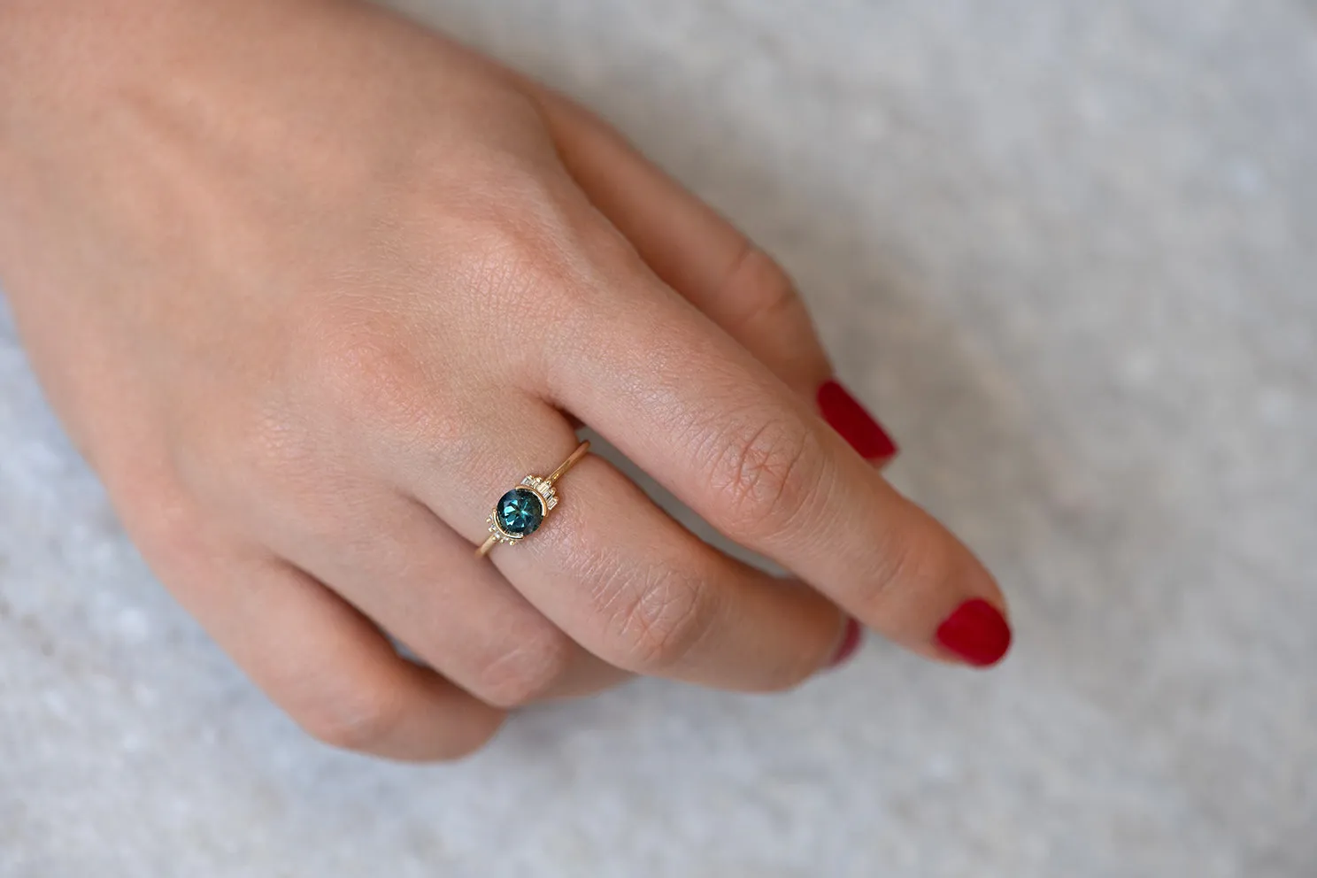 Teal Sapphire Ring with Baguette Diamond Wings - Limited Edition