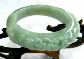 Two Dragons Protect Coins, Flowers Burmese Jadeite Old Mine Bangle Bracelet 55 mm (BB2977)