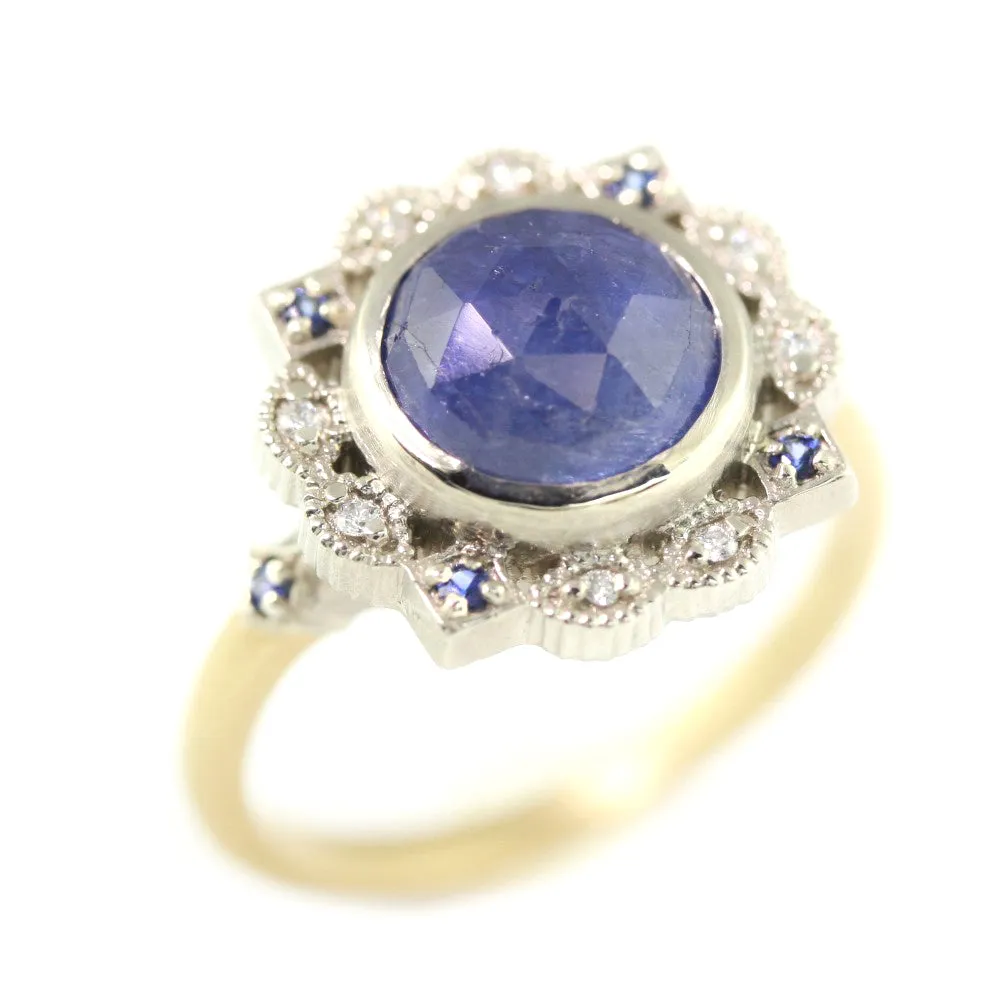 Two Tone Ribbon Frame Rose Cut Sapphire Ring