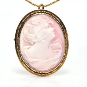 Vintage 18K Yellow Gold Shell Cameo Brooch/Pendant of Woman Looking Upwards