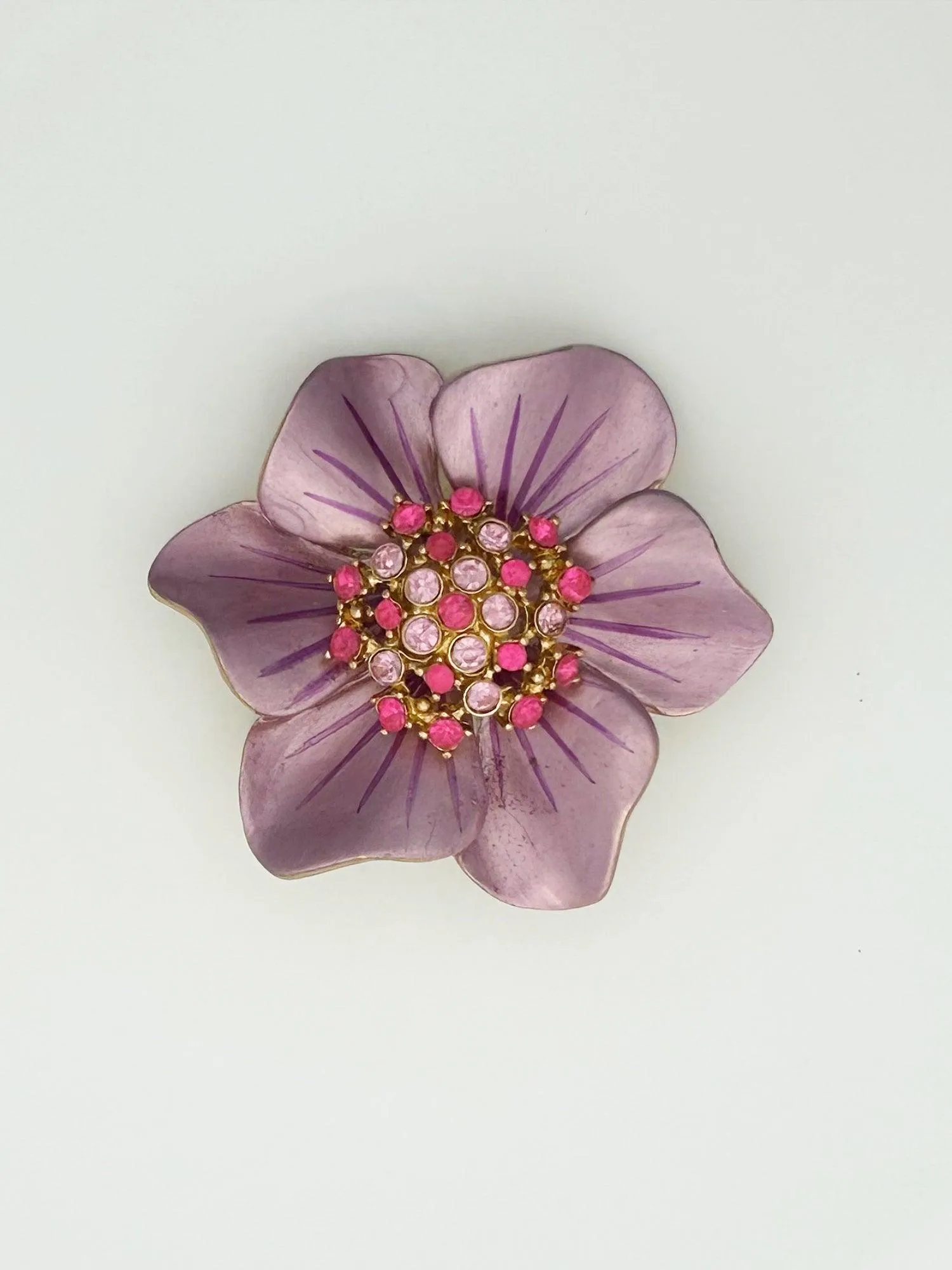 Vintage 1960's Enameled Pink Floral Rhinestone Brooch