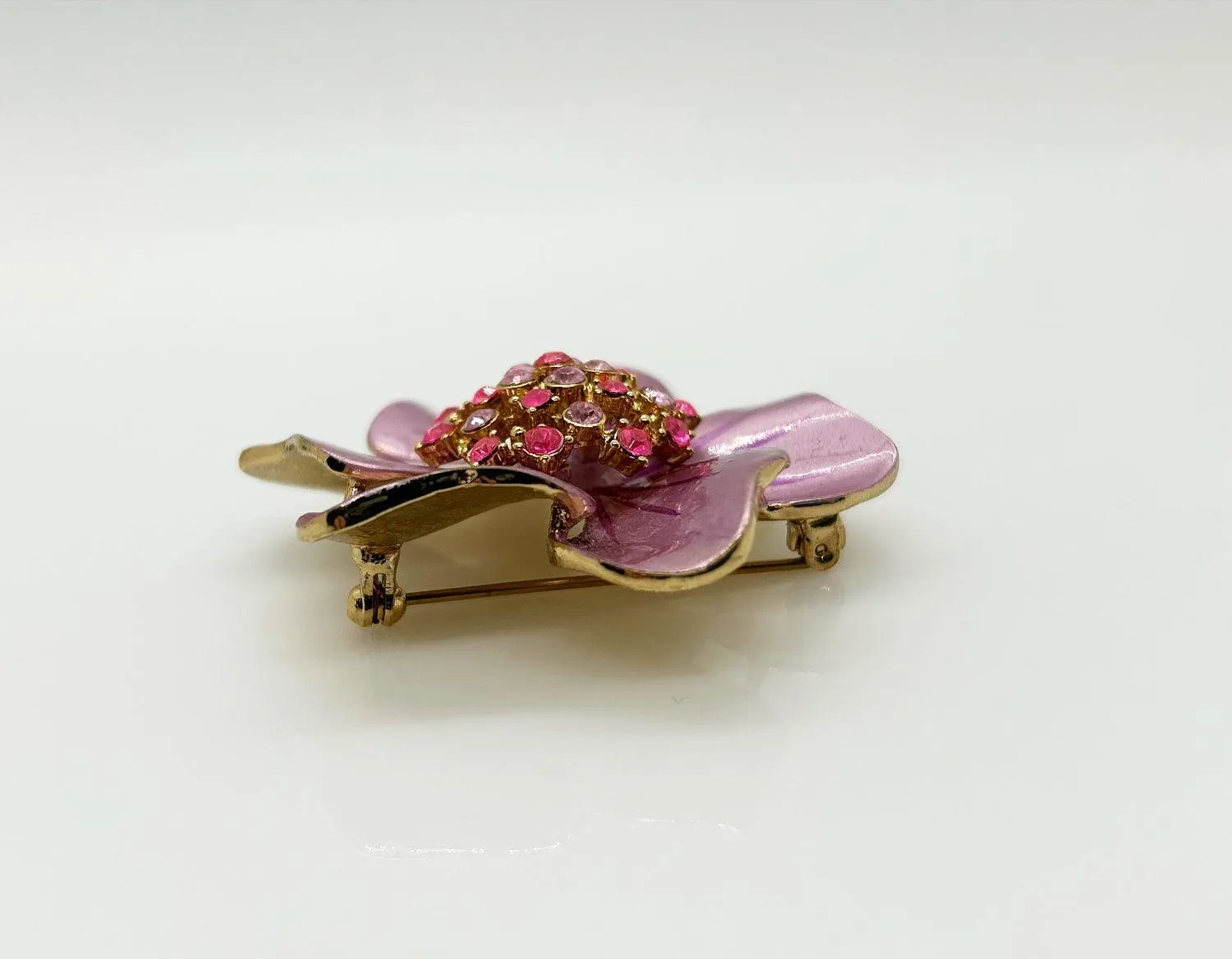 Vintage 1960's Enameled Pink Floral Rhinestone Brooch