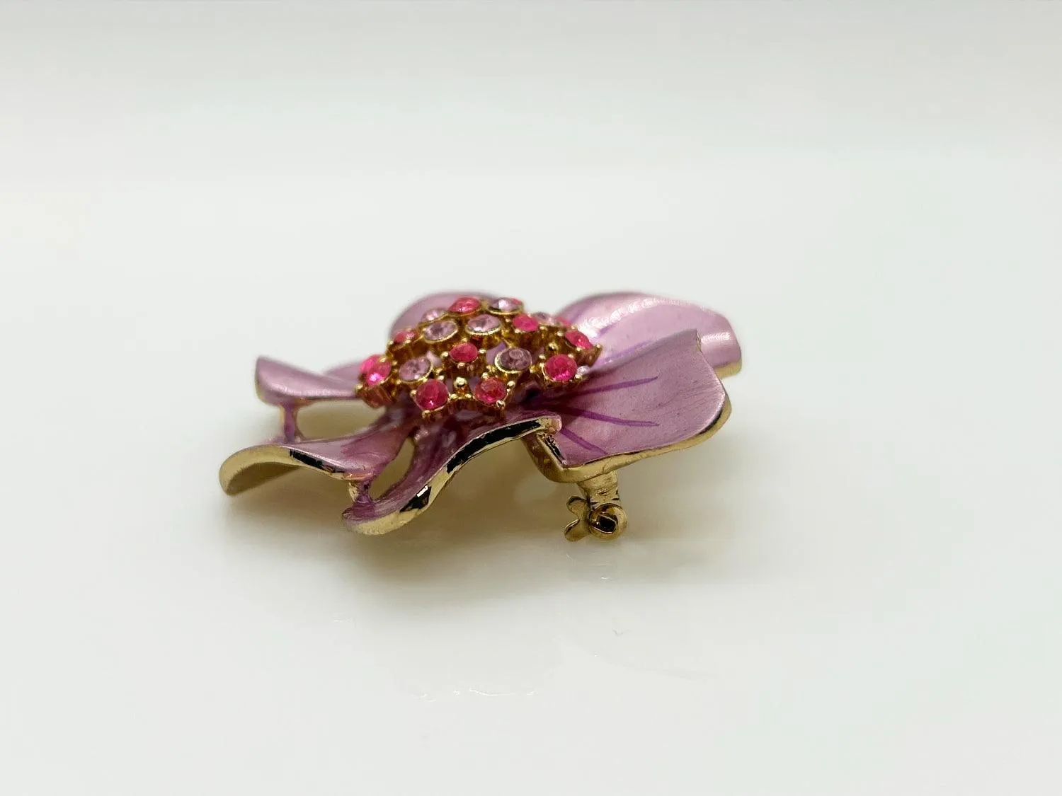 Vintage 1960's Enameled Pink Floral Rhinestone Brooch