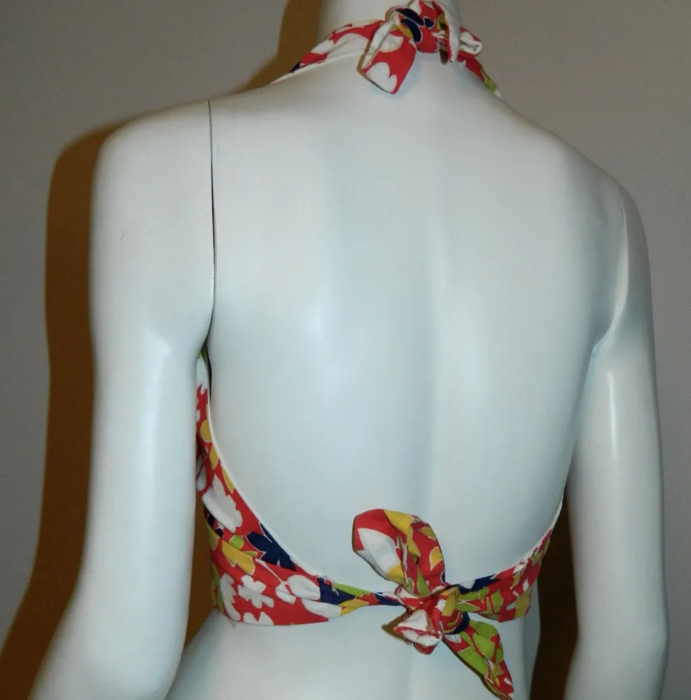 vintage 1970s halter top cotton tie neck red Flower Power Pin Up OS