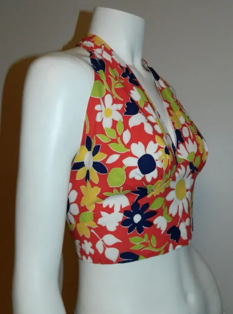 vintage 1970s halter top cotton tie neck red Flower Power Pin Up OS