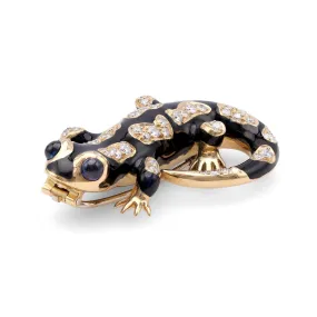 Vintage Austrian Diamond Sapphire 18k Yellow Gold Enamel Salamander Brooch