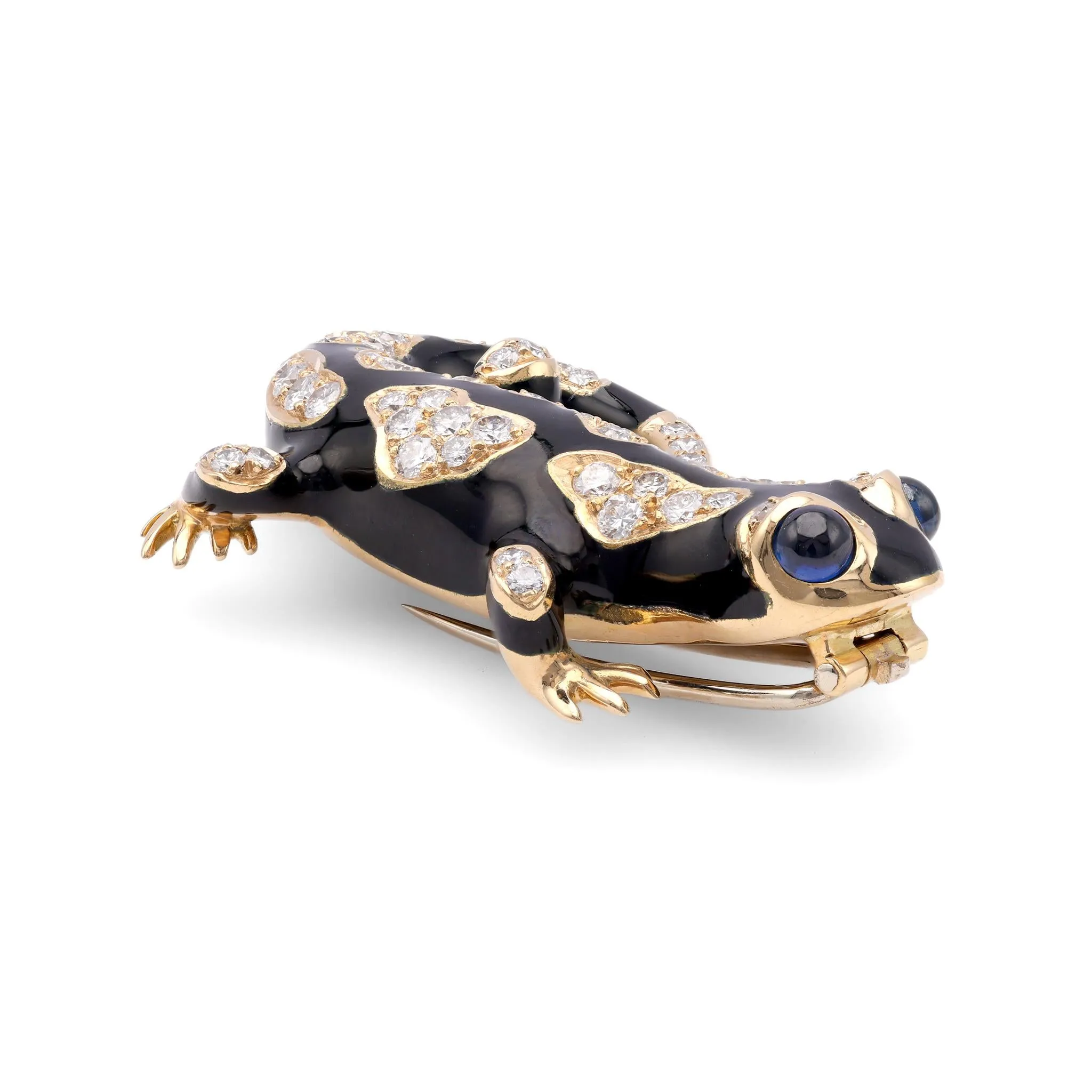 Vintage Austrian Diamond Sapphire 18k Yellow Gold Enamel Salamander Brooch