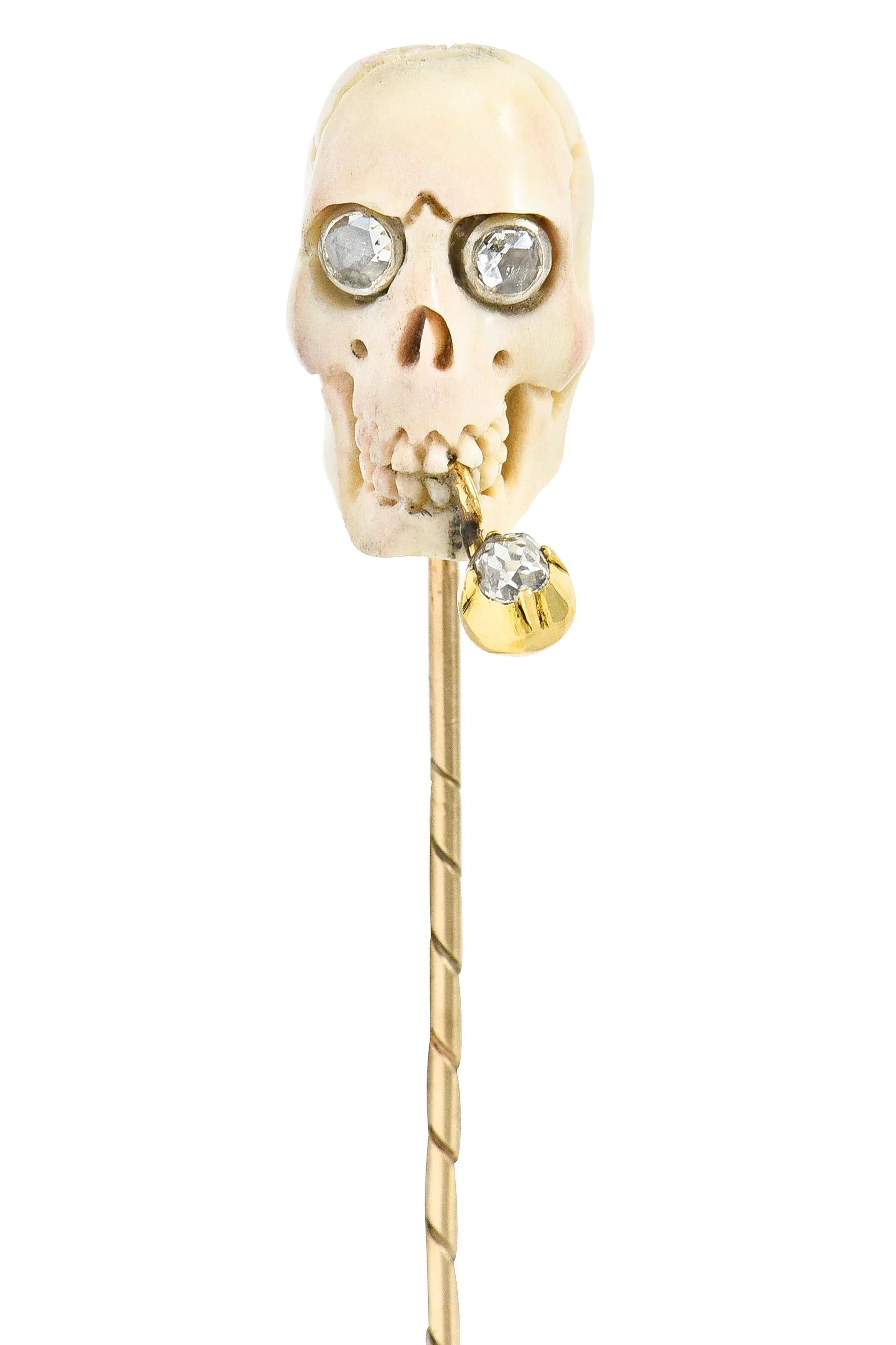 Vintage Bone Diamond 18 Karat Gold Smoking Skull Stickpin