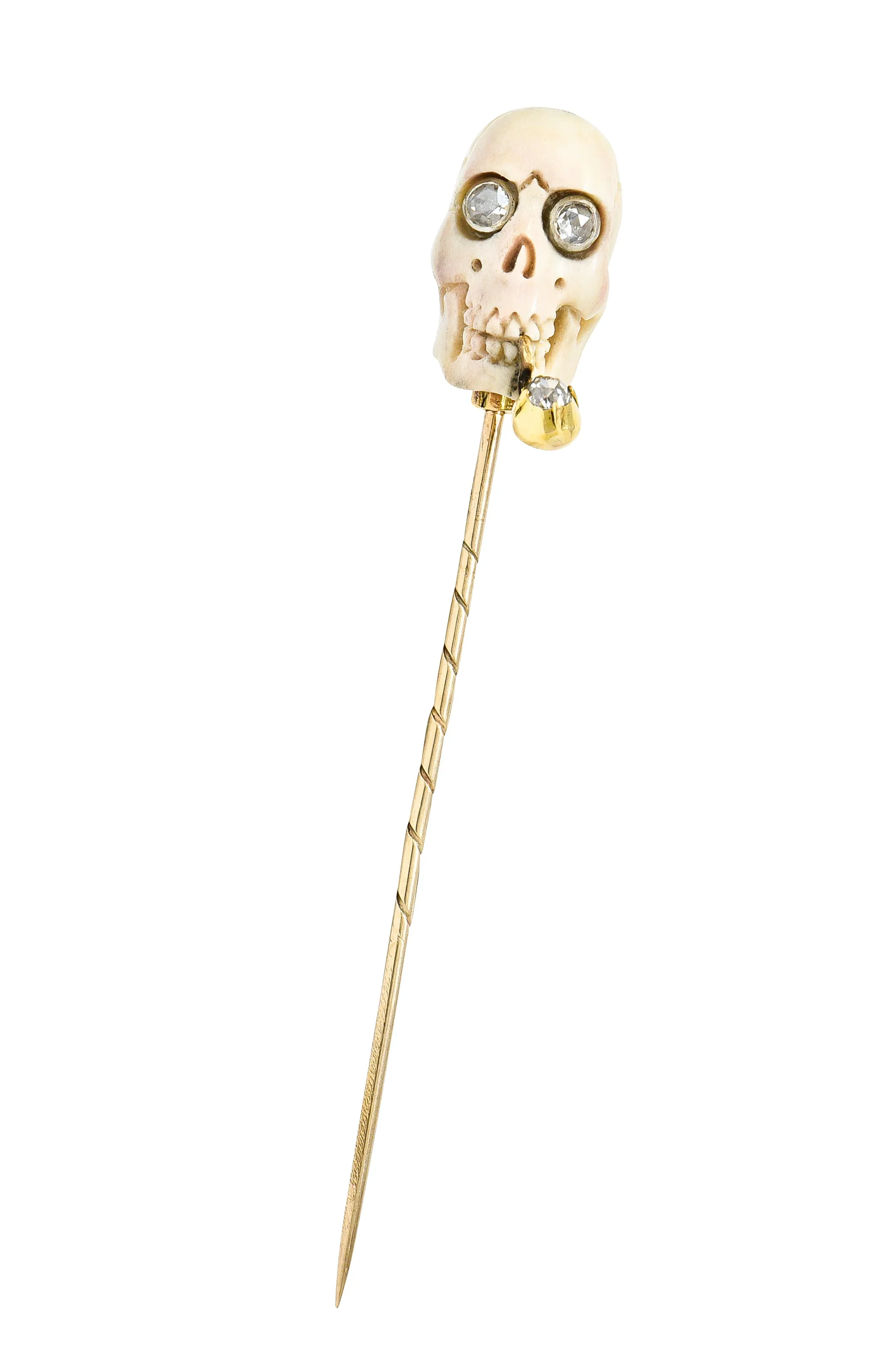 Vintage Bone Diamond 18 Karat Gold Smoking Skull Stickpin