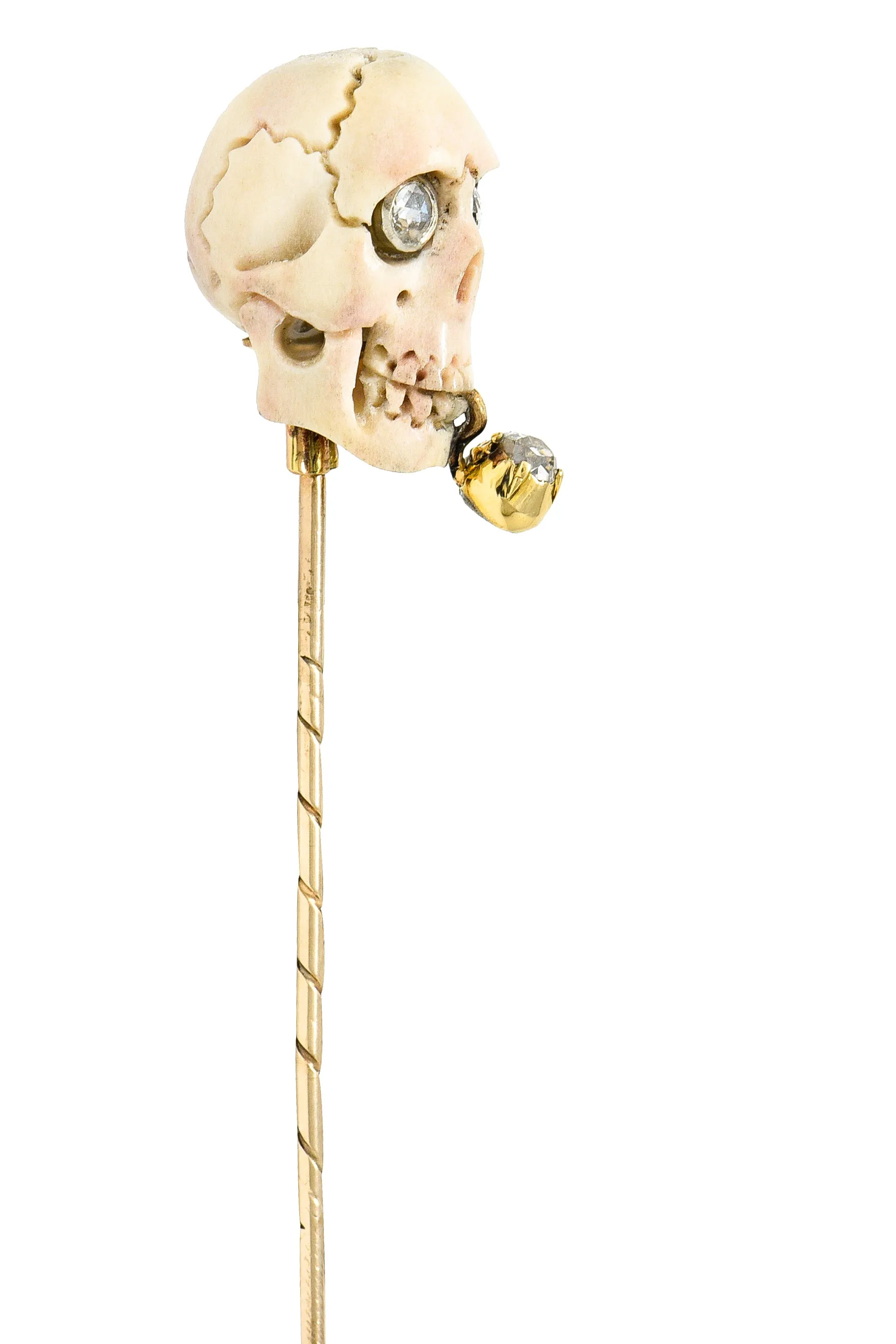 Vintage Bone Diamond 18 Karat Gold Smoking Skull Stickpin