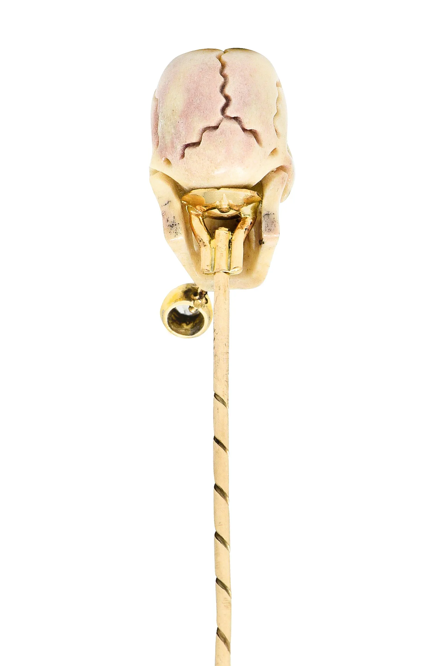 Vintage Bone Diamond 18 Karat Gold Smoking Skull Stickpin