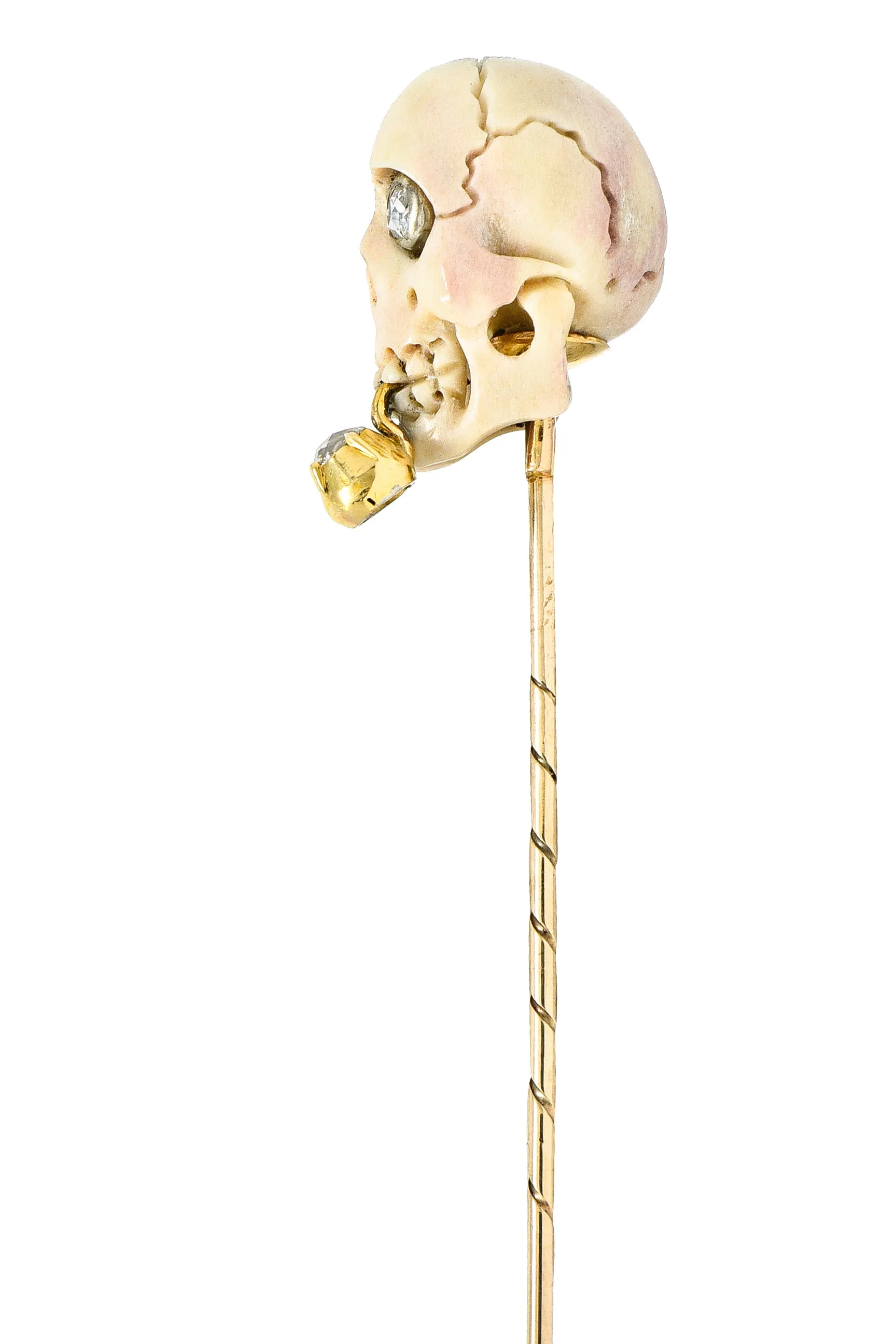 Vintage Bone Diamond 18 Karat Gold Smoking Skull Stickpin