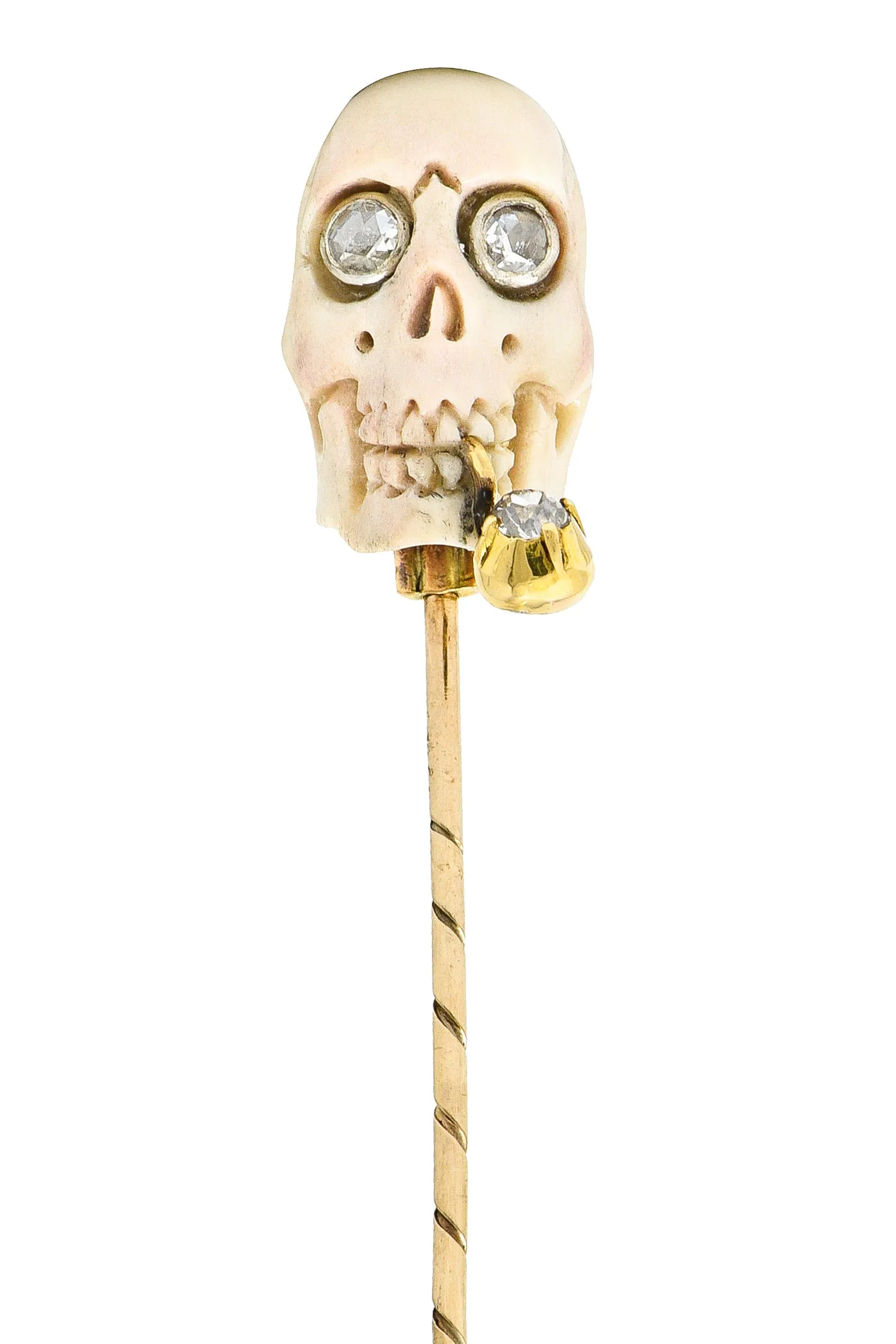 Vintage Bone Diamond 18 Karat Gold Smoking Skull Stickpin