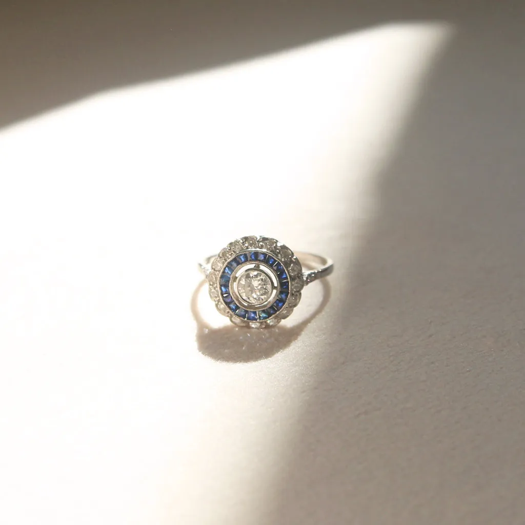 Vintage Brilliant Cut Diamond and Sapphire Target Cluster