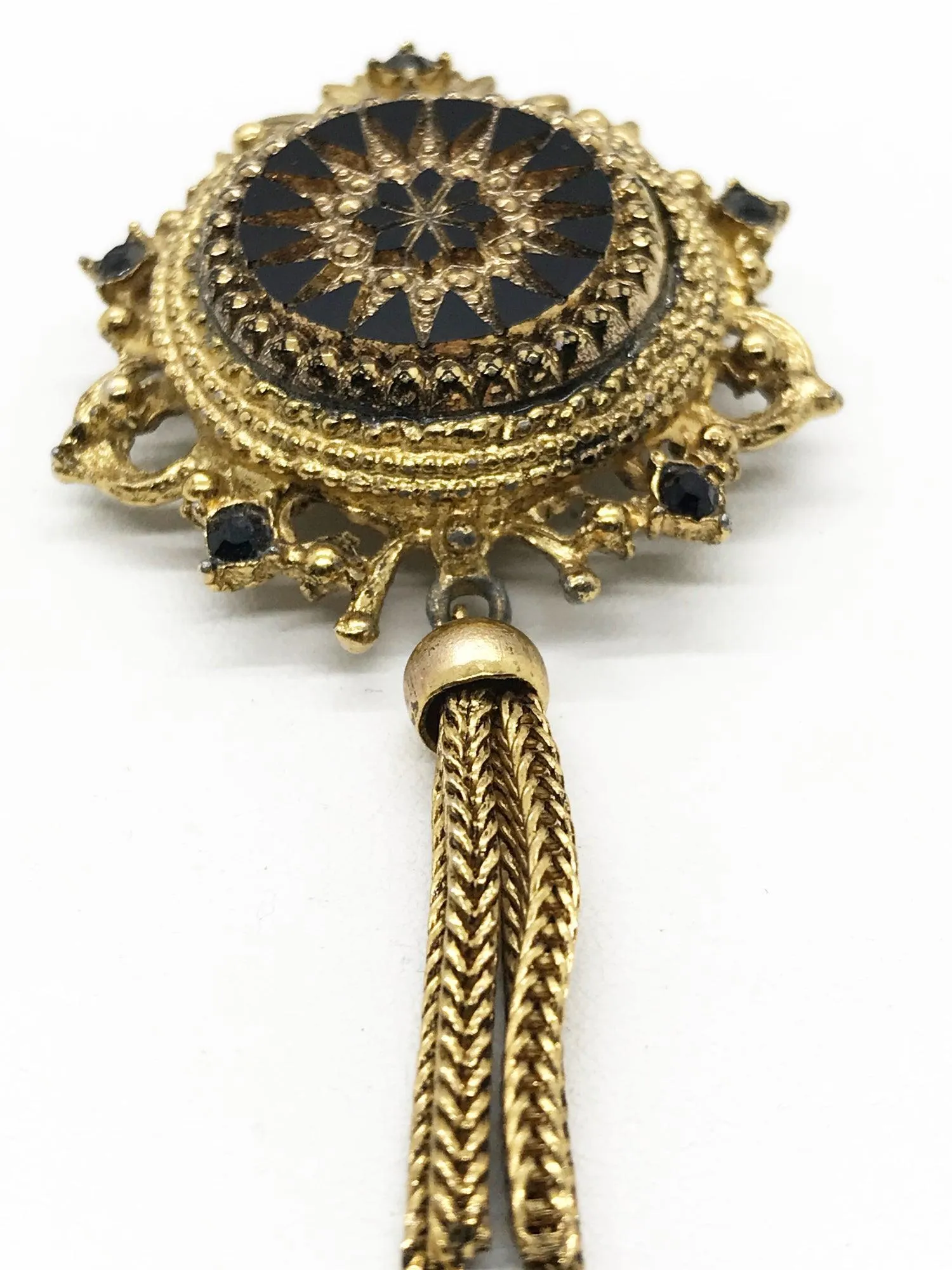 Vintage Denise Layered Moroccan Style Gold Tone and Carved Black Glass Brooch