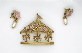 Vintage Denton Bone China Carousel Brooch and Earrings