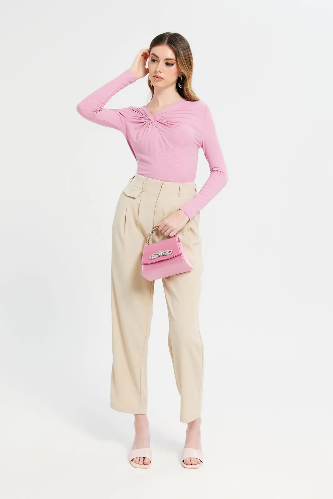 Women Pink Front Tie Top