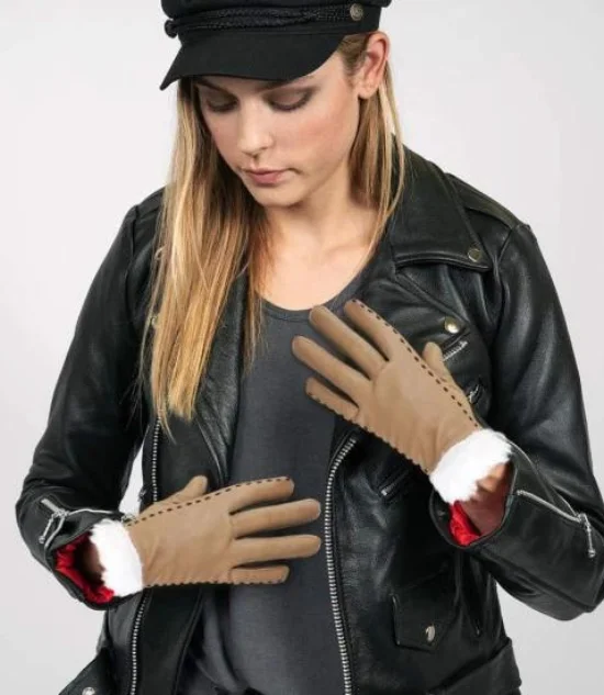 Women Tan Brown Leather Fur Gloves