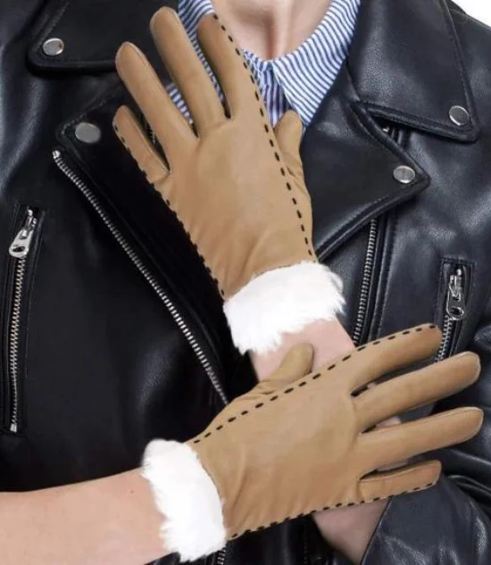 Women Tan Brown Leather Fur Gloves