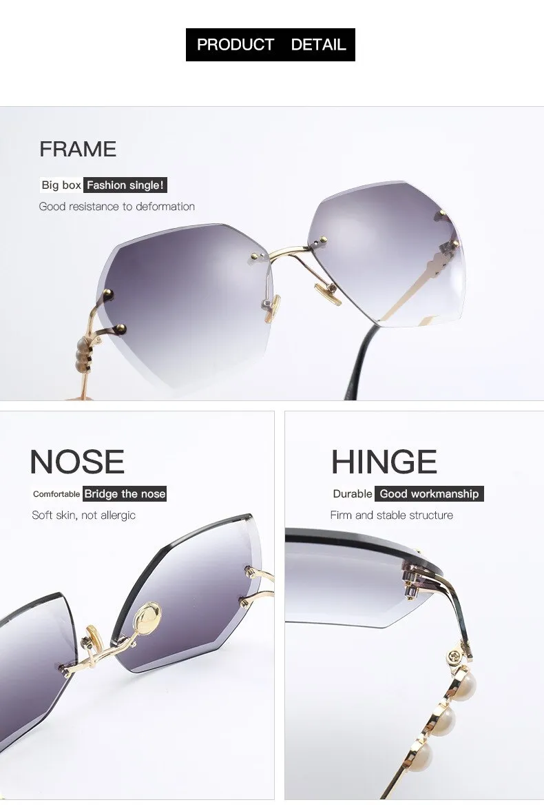 Women's Luxury Shades Metal Rimless Pearl Sunglasses for Driving