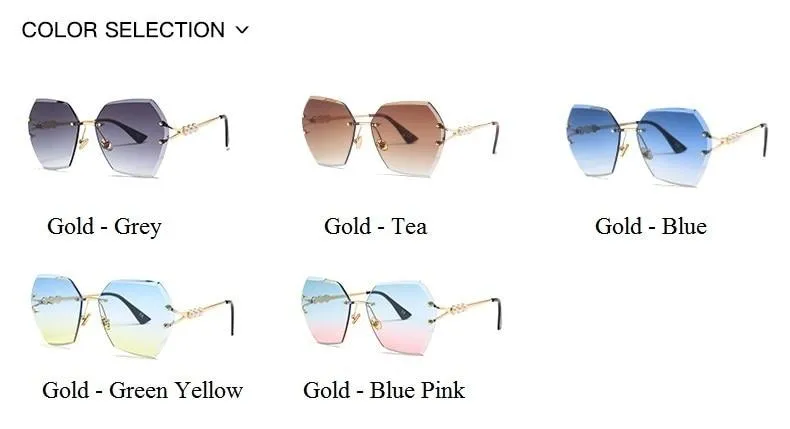 Women's Luxury Shades Metal Rimless Pearl Sunglasses for Driving