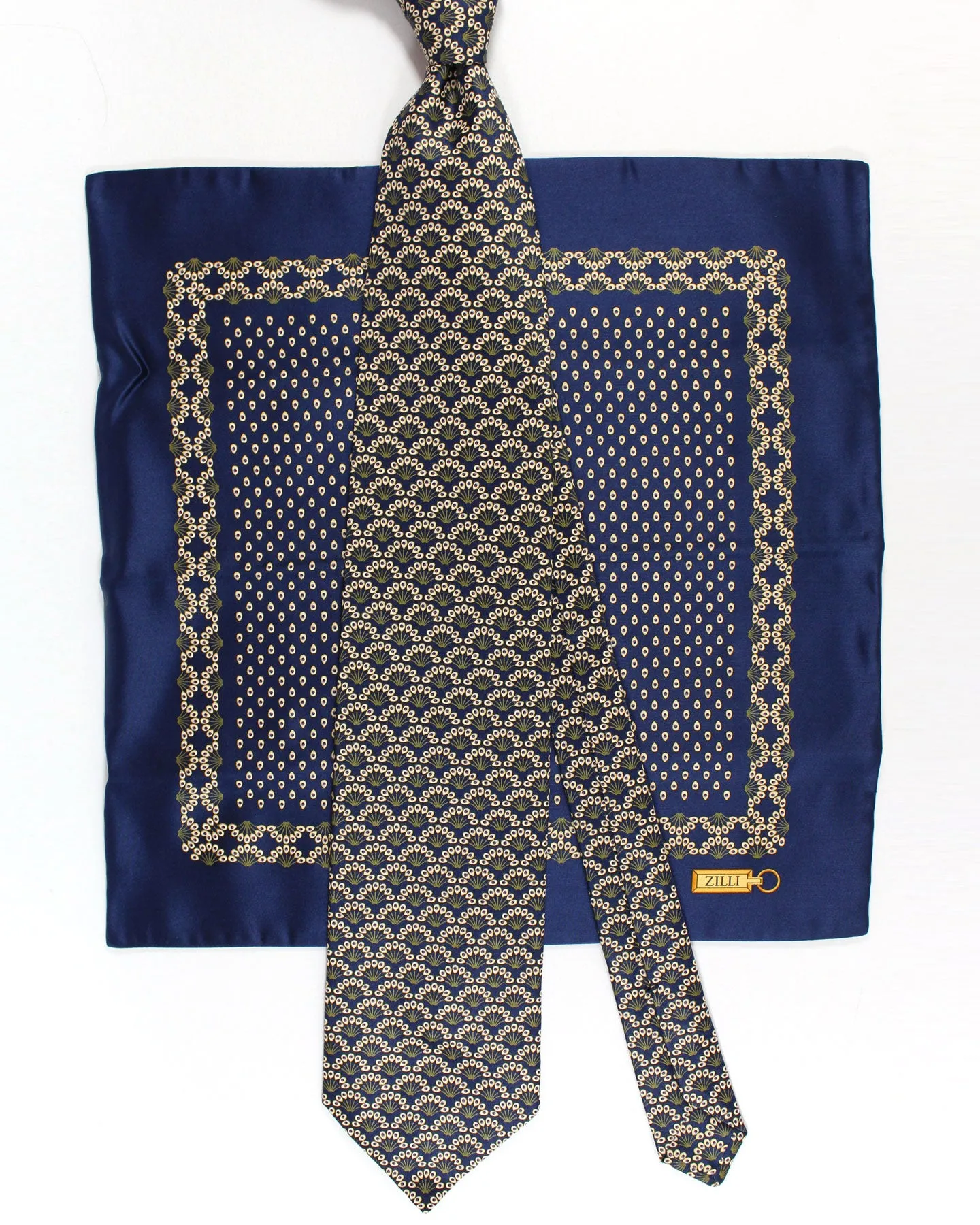 Zilli Silk Tie & Matching Pocket Square Set Dark Blue Forest Green Floral FINAL SALE