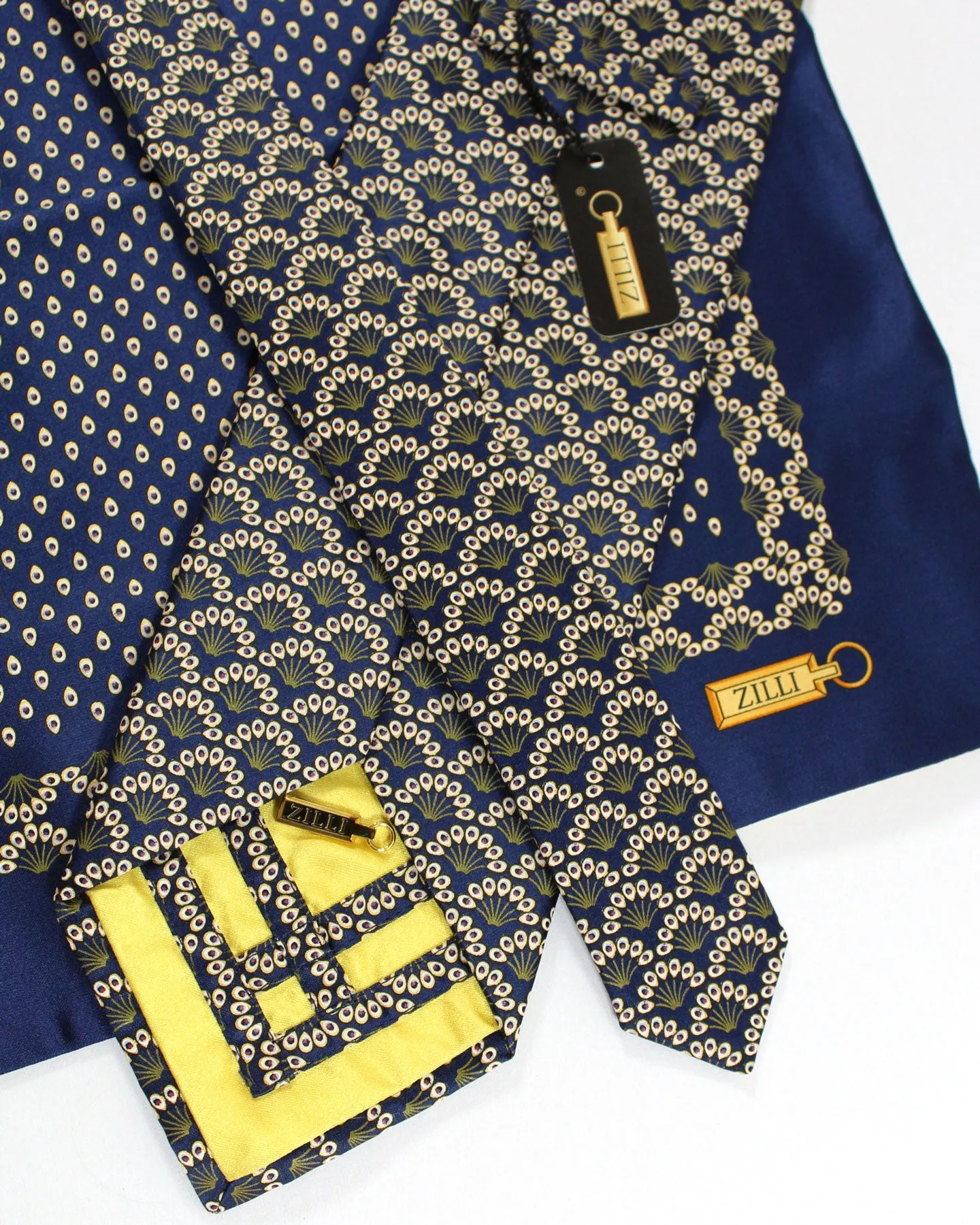 Zilli Silk Tie & Matching Pocket Square Set Dark Blue Forest Green Floral FINAL SALE