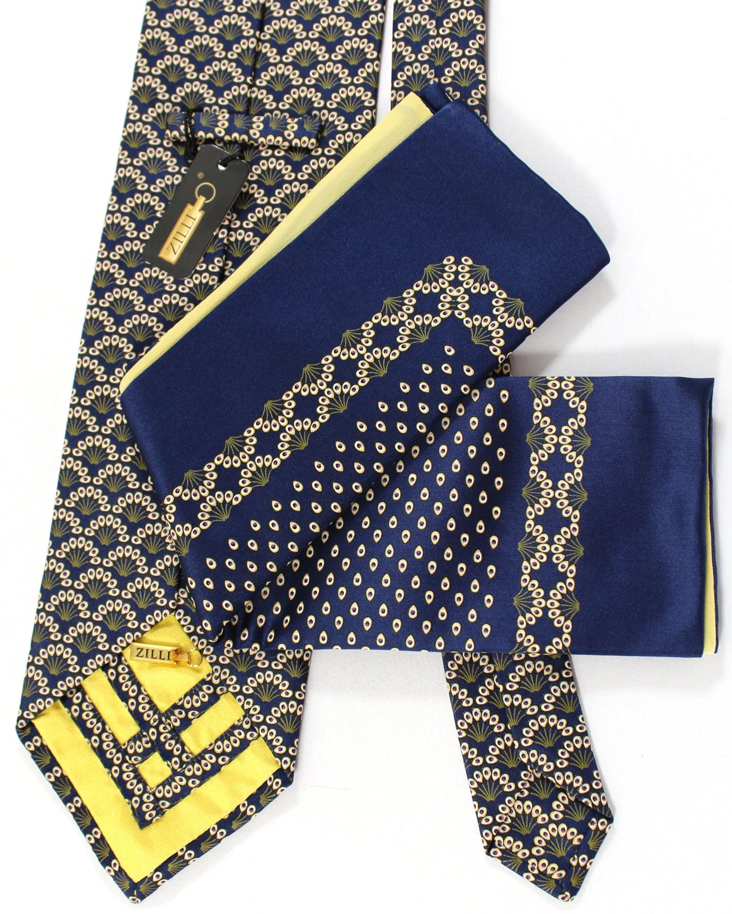 Zilli Silk Tie & Matching Pocket Square Set Dark Blue Forest Green Floral FINAL SALE