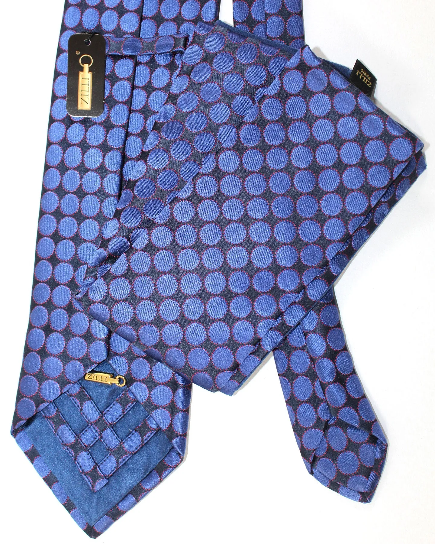 Zilli Silk Tie & Matching Pocket Square Set Dark Blue Pink Dots FINAL SALE