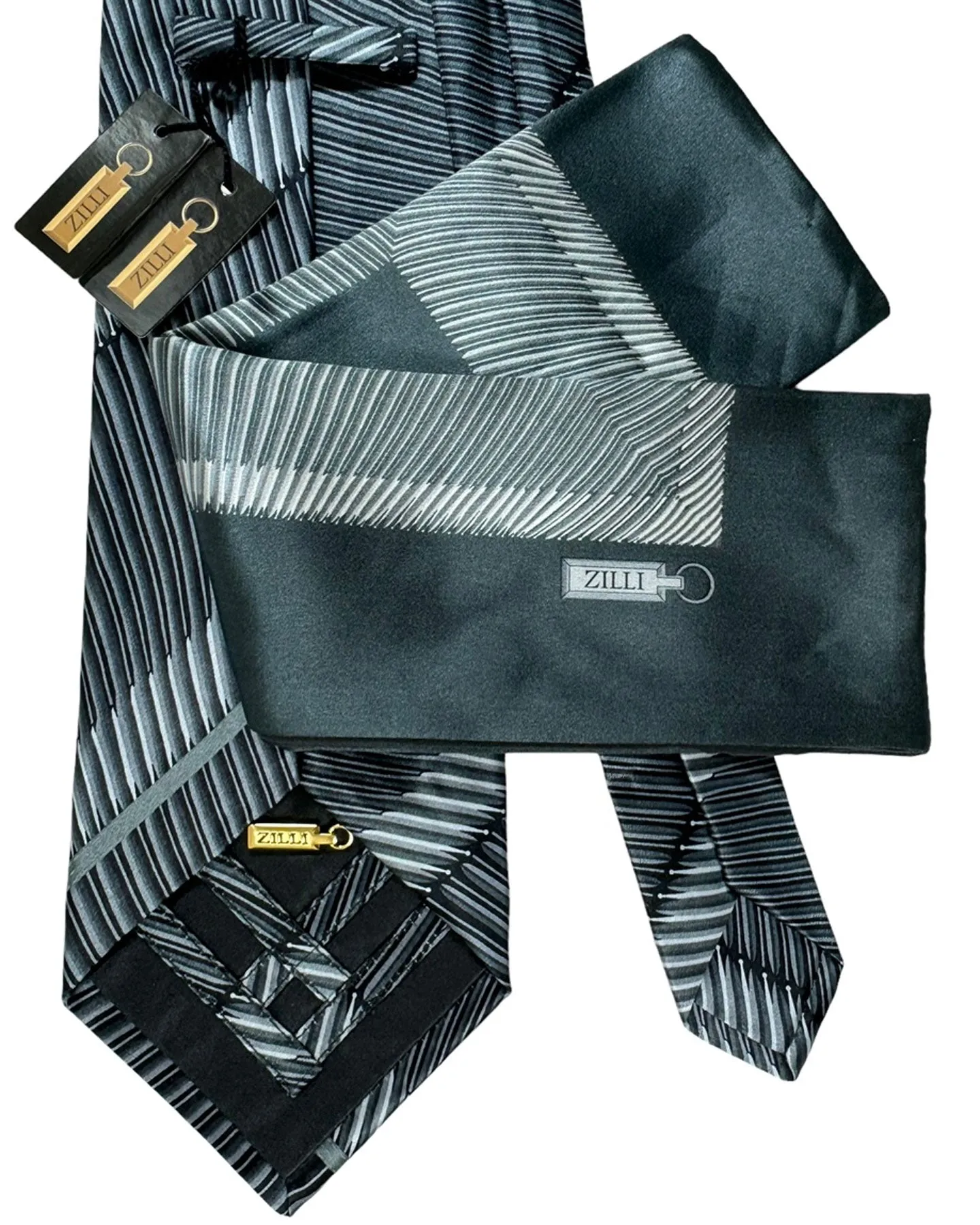 Zilli Silk Tie & Pocket Square Set Gray Stripes Design