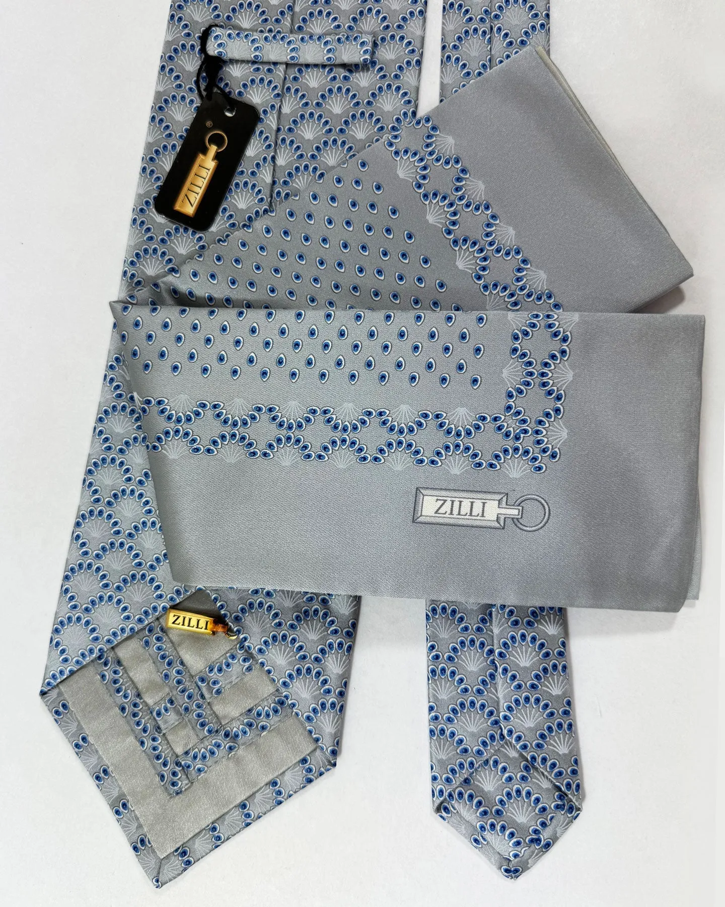 Zilli Tie & Matching Pocket Square Set Gray Blue Design