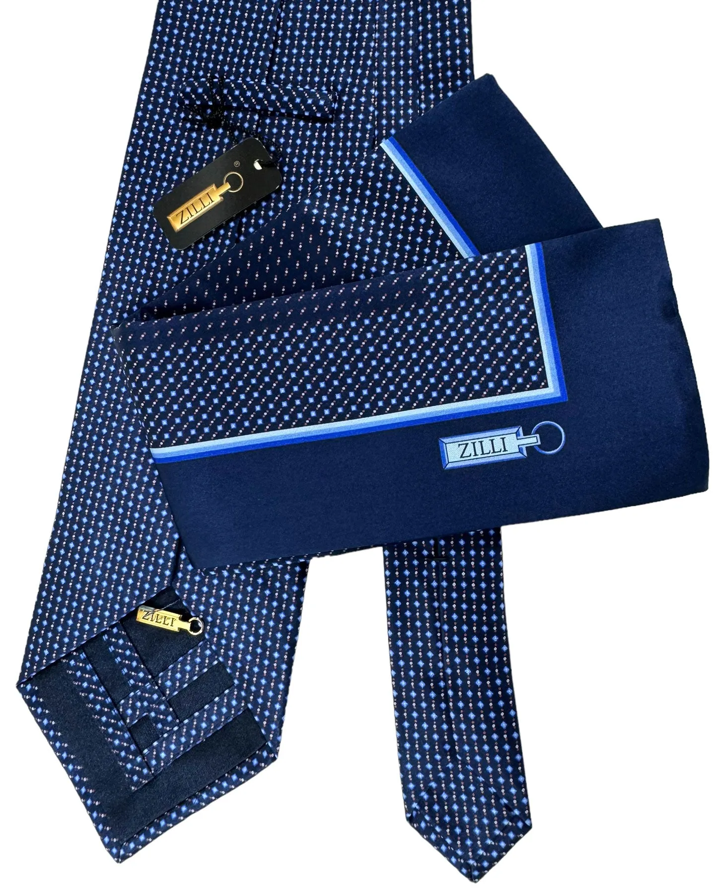 Zilli Tie & Matching Pocket Square Set Midnight Blue Brown Royal Blue Micro Pattern