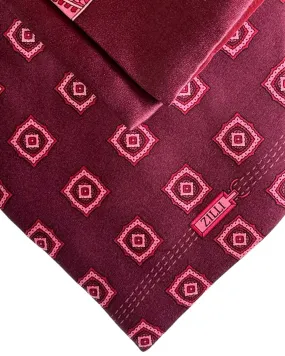 Zilli Tie & Pocket Square Set Maroon Pink Ornamental Medallions Design