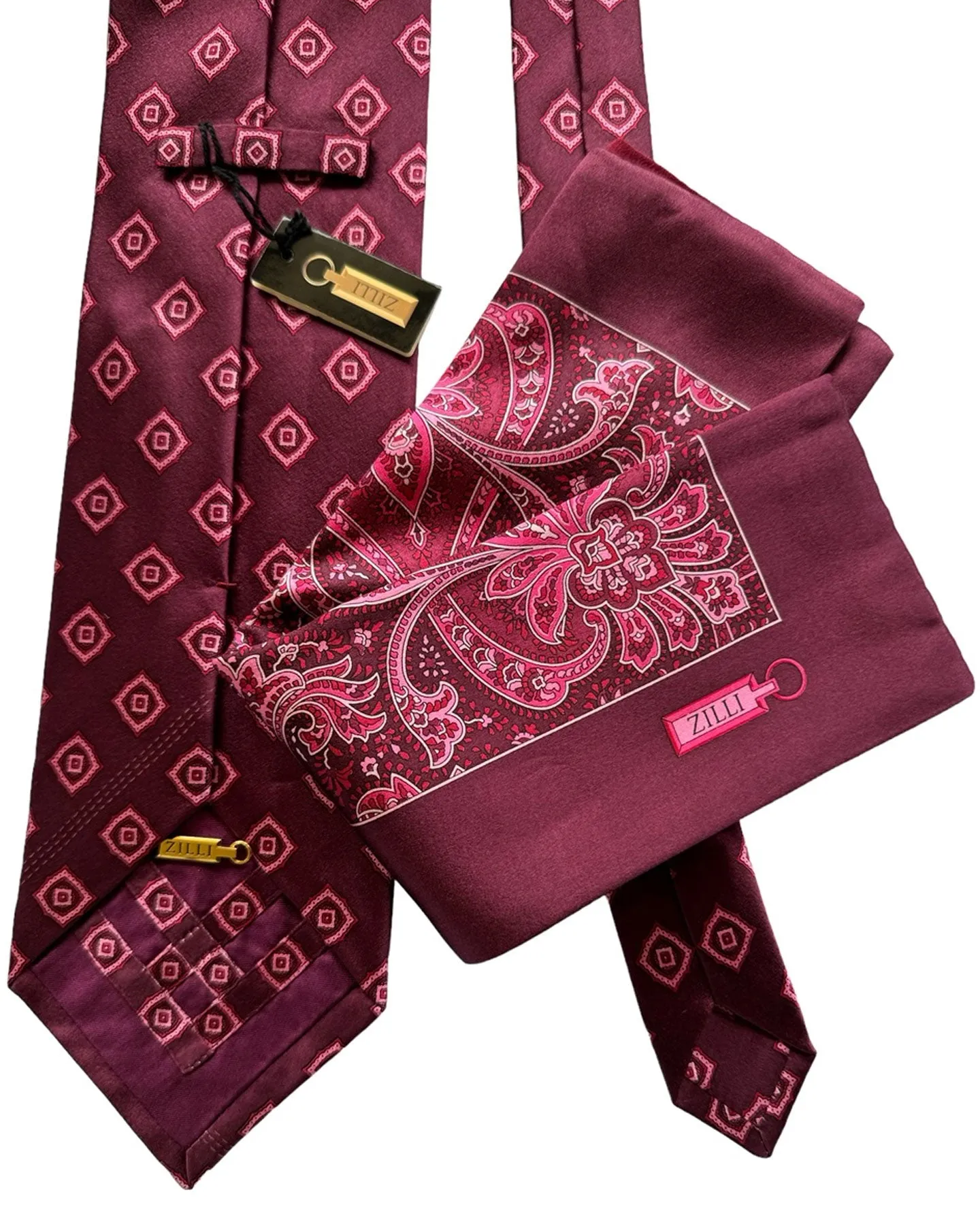 Zilli Tie & Pocket Square Set Maroon Pink Ornamental Medallions Design