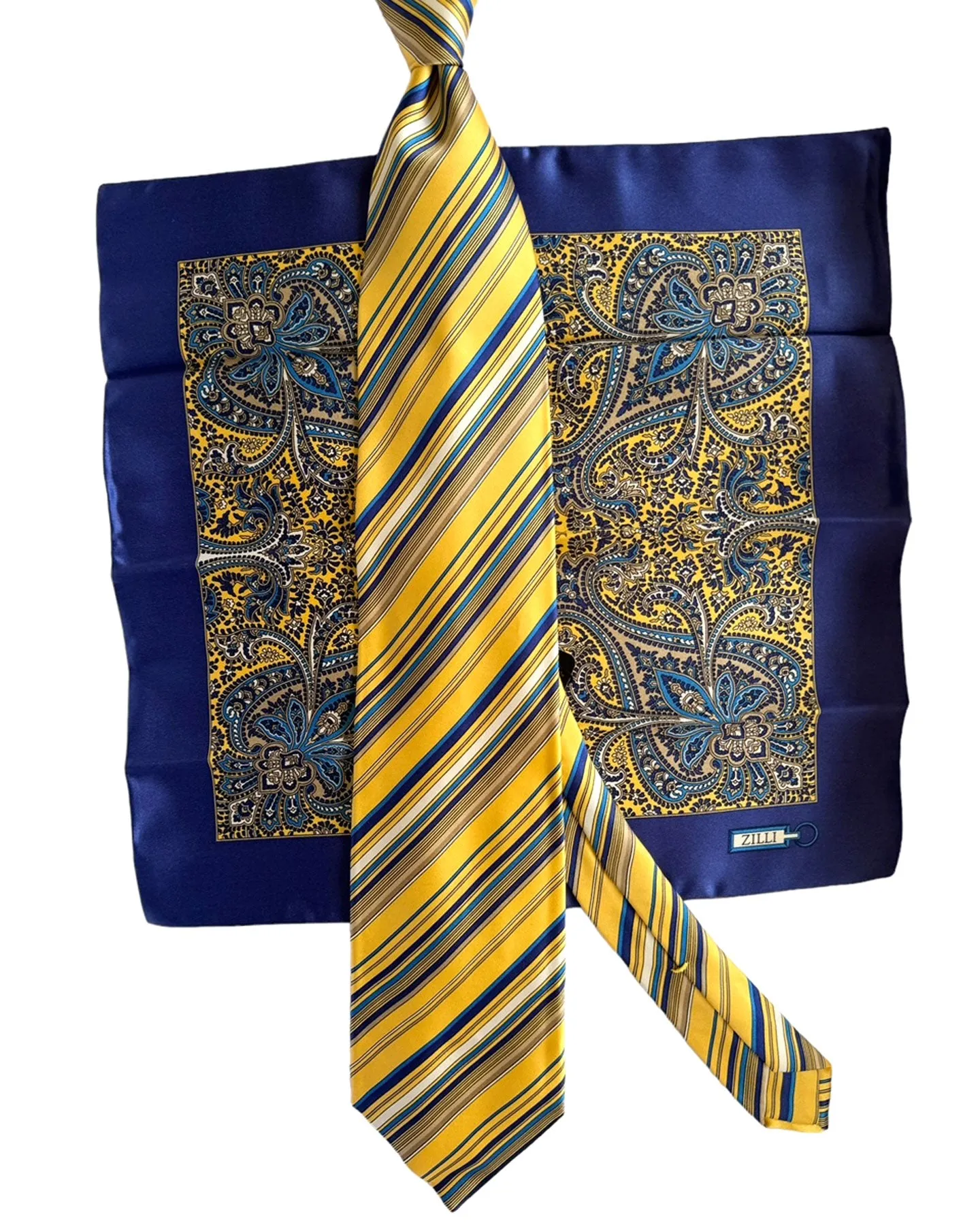 Zilli Tie & Pocket Square Set Orange Dark Blue Stripes FINAL SALE