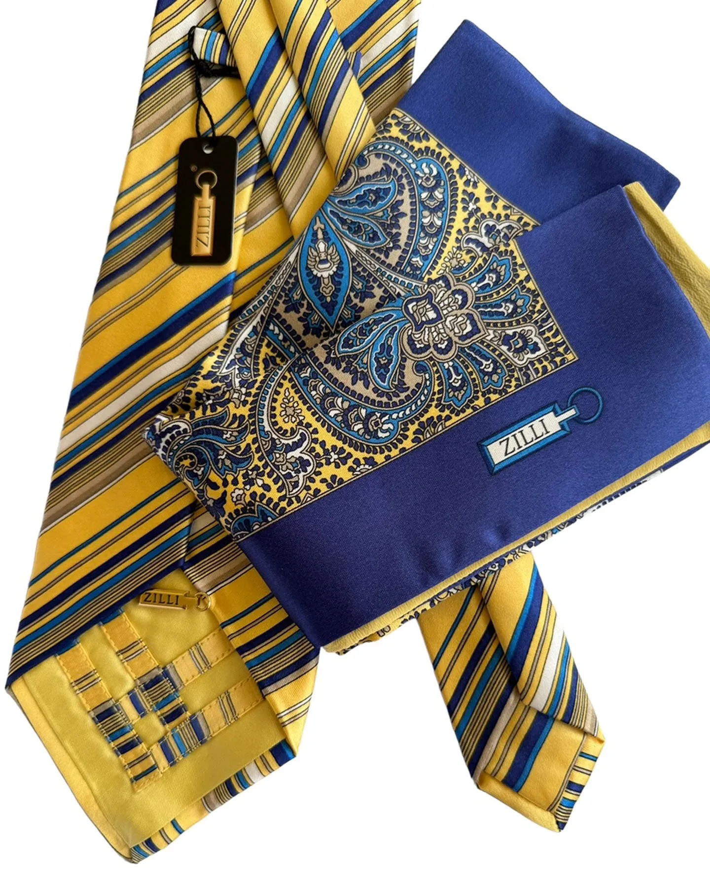 Zilli Tie & Pocket Square Set Orange Dark Blue Stripes FINAL SALE